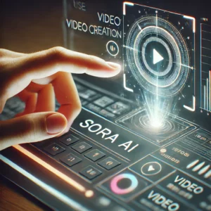 Illustration d'une main lumineuse interagissant avec une interface épurée et moderne marquée 'Sora AI,' montrant des icônes claires pour la saisie de texte, les ratios vidéo et les paramètres de résolution.